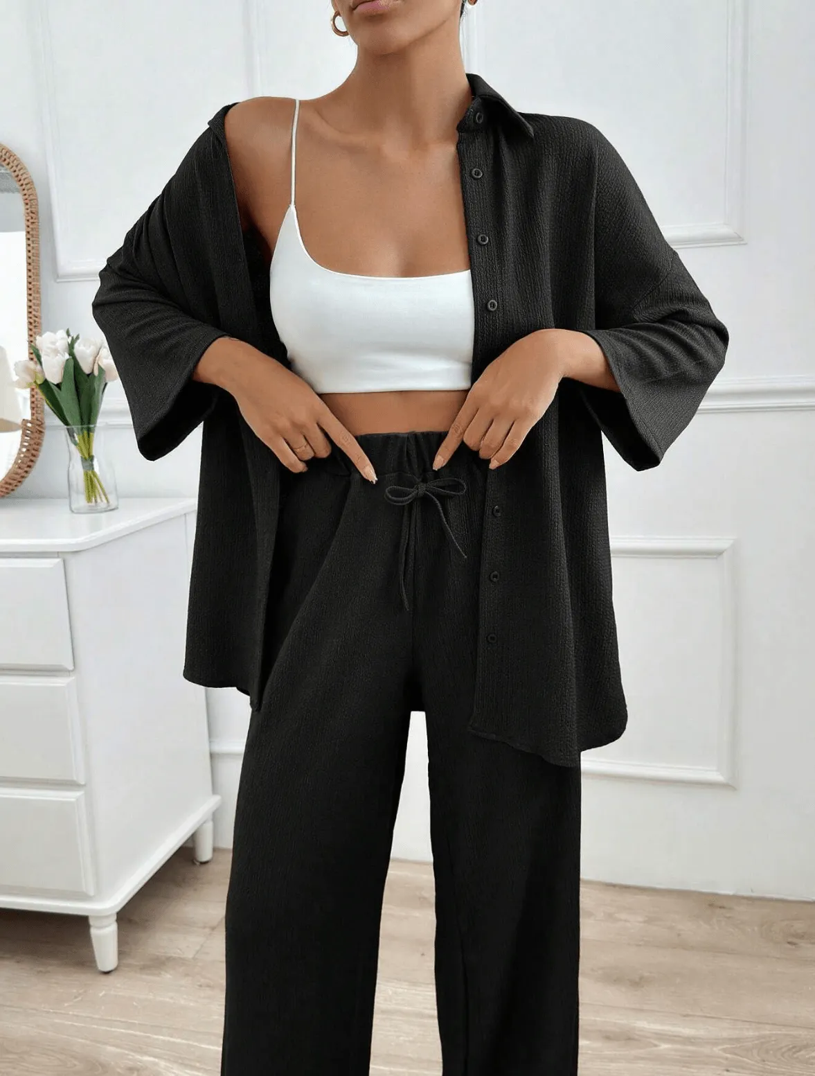 2025 Women’s 2-Piece Summer Outfit – High-Waisted Wide-Leg Pants & Shirt Set – Casual Fashion Suit for Plus Size & Everyday Chic