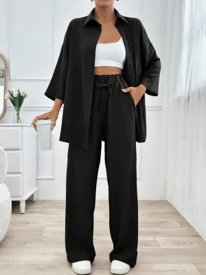 2025 Women’s 2-Piece Summer Outfit – High-Waisted Wide-Leg Pants & Shirt Set – Casual Fashion Suit for Plus Size & Everyday Chic