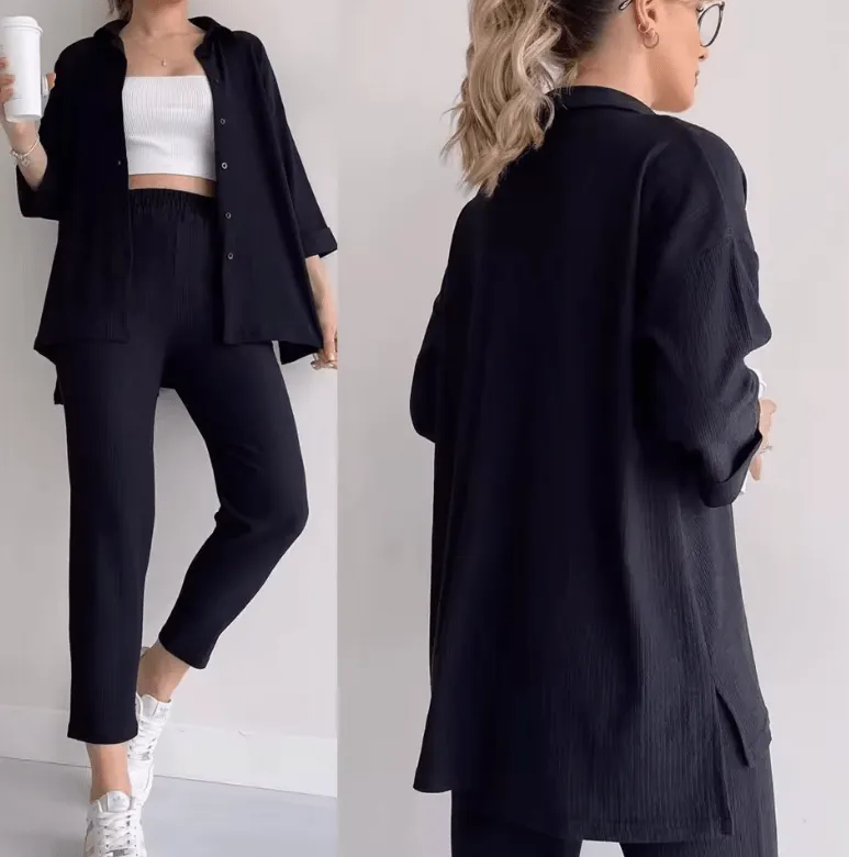 2025 Women’s 2-Piece Summer Outfit – High-Waisted Wide-Leg Pants & Shirt Set – Casual Fashion Suit for Plus Size & Everyday Chic