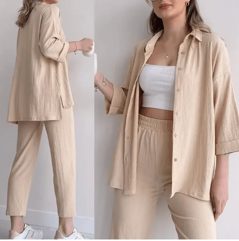 2025 Women’s 2-Piece Summer Outfit – High-Waisted Wide-Leg Pants & Shirt Set – Casual Fashion Suit for Plus Size & Everyday Chic