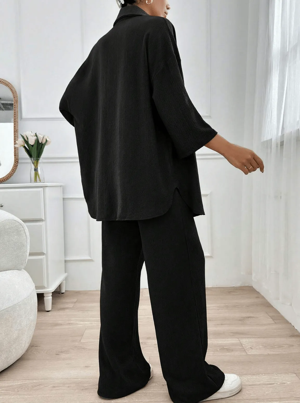2025 Women’s 2-Piece Summer Outfit – High-Waisted Wide-Leg Pants & Shirt Set – Casual Fashion Suit for Plus Size & Everyday Chic