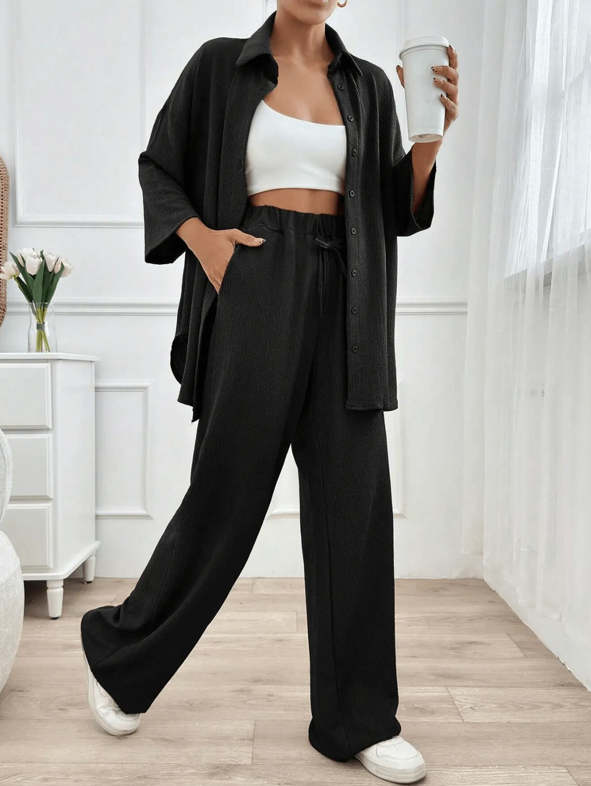 2025 Women’s 2-Piece Summer Outfit – High-Waisted Wide-Leg Pants & Shirt Set – Casual Fashion Suit for Plus Size & Everyday Chic