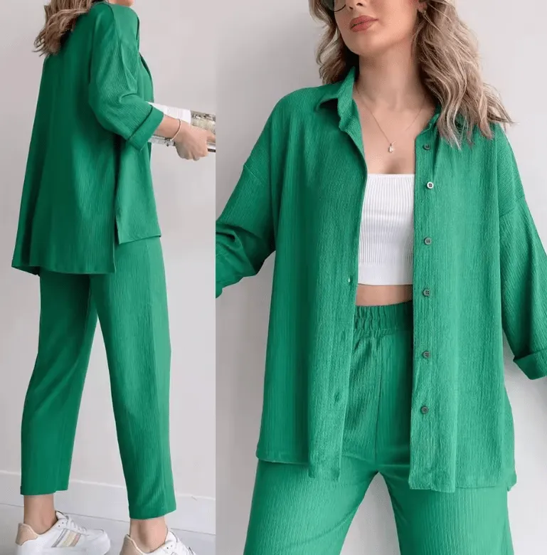 2025 Women’s 2-Piece Summer Outfit – High-Waisted Wide-Leg Pants & Shirt Set – Casual Fashion Suit for Plus Size & Everyday Chic