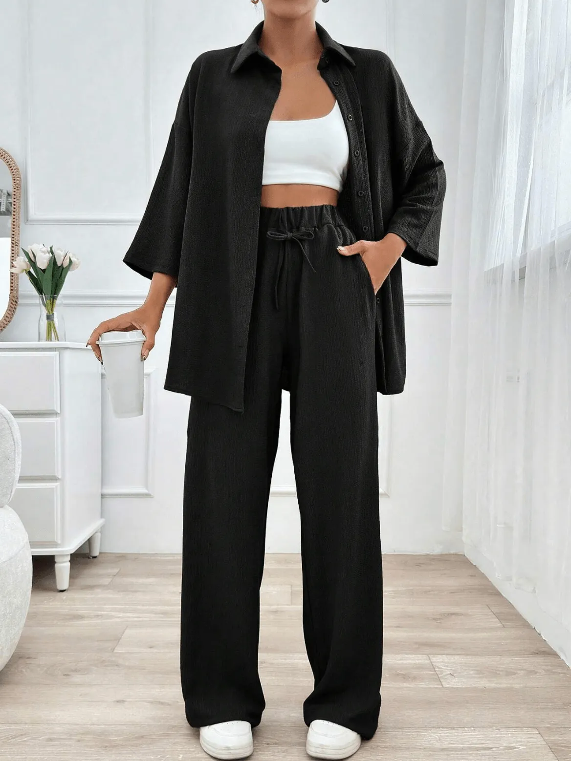 2025 Women’s 2-Piece Summer Outfit – High-Waisted Wide-Leg Pants & Shirt Set – Casual Fashion Suit for Plus Size & Everyday Chic