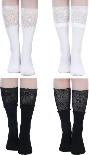 4 Pairs of Womens Lace Socks Calf Stocking with Lace Trim Long Lolita Boot Socks Knee Stockings