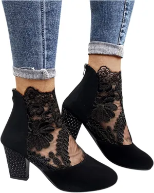 Beach Sandals for Women, Sandals for Women Sexy Hollow Floral Lace Chunky High Heels Casual Platform Boots