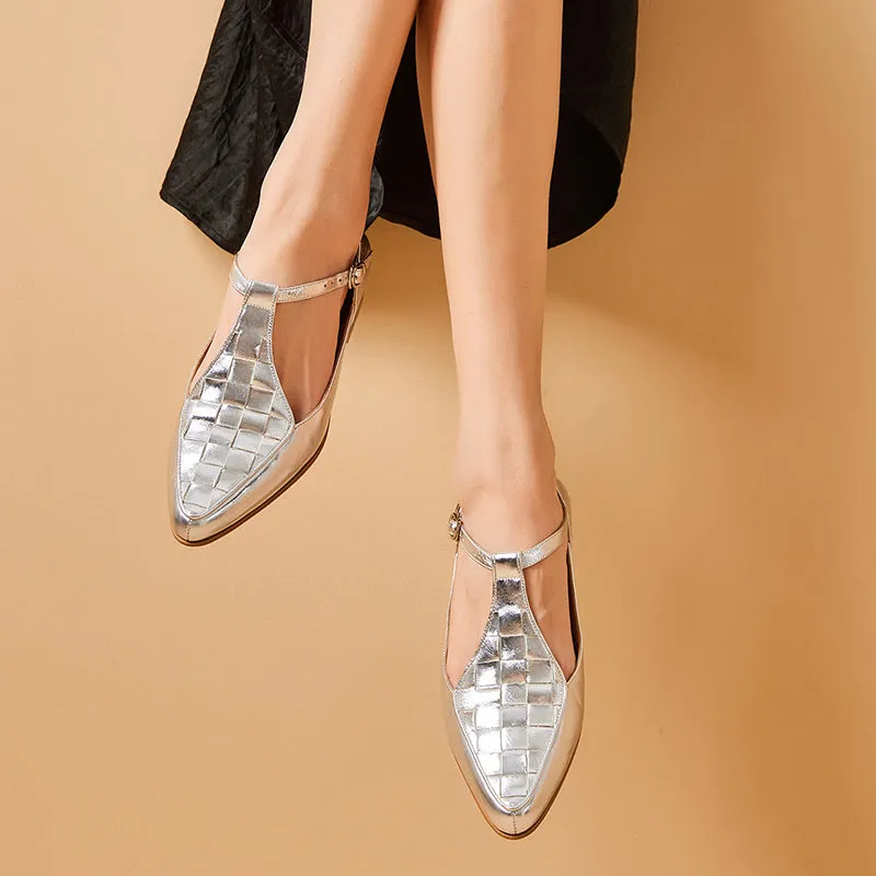 BeauToday Woven Metallic Leather Pointed Toe Mary Janes Flats with T-strap for Women