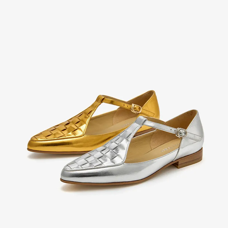 BeauToday Woven Metallic Leather Pointed Toe Mary Janes Flats with T-strap for Women