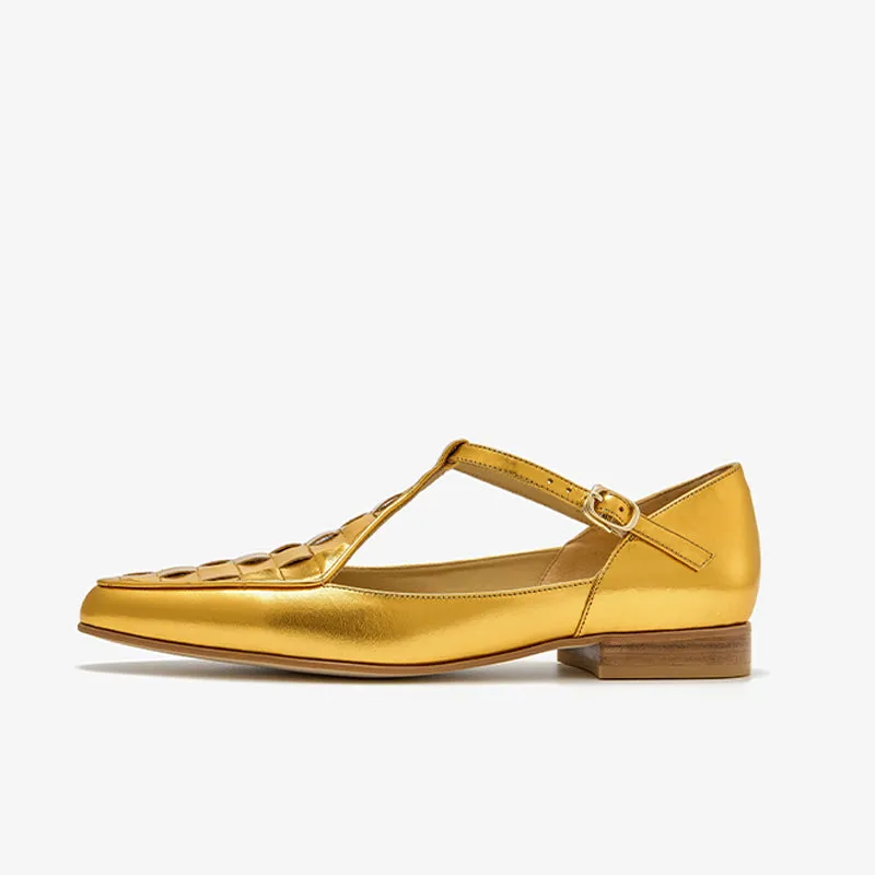 BeauToday Woven Metallic Leather Pointed Toe Mary Janes Flats with T-strap for Women
