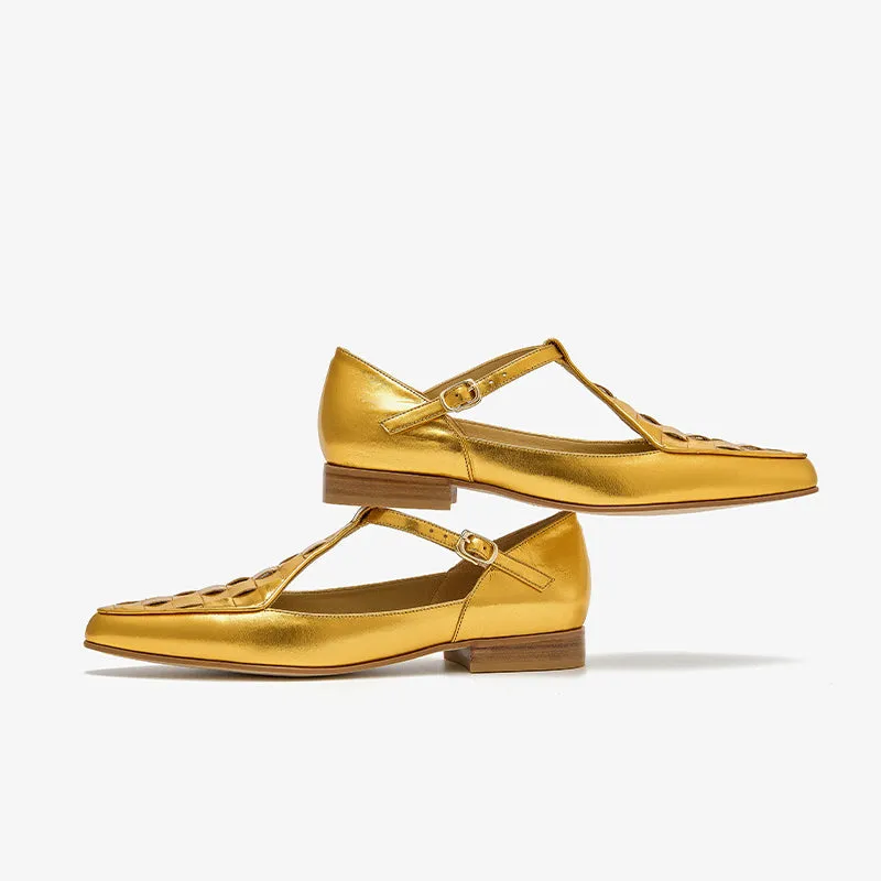 BeauToday Woven Metallic Leather Pointed Toe Mary Janes Flats with T-strap for Women