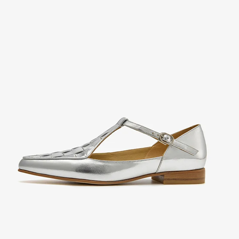 BeauToday Woven Metallic Leather Pointed Toe Mary Janes Flats with T-strap for Women