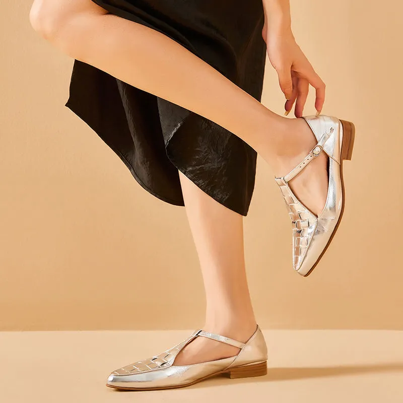 BeauToday Woven Metallic Leather Pointed Toe Mary Janes Flats with T-strap for Women
