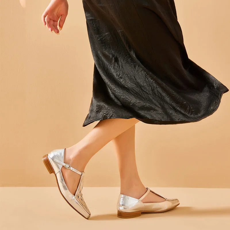 BeauToday Woven Metallic Leather Pointed Toe Mary Janes Flats with T-strap for Women