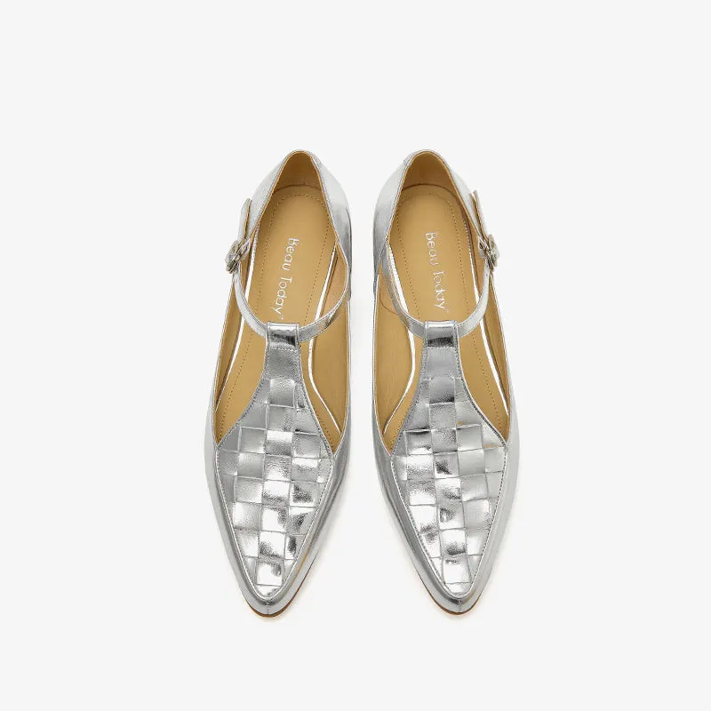 BeauToday Woven Metallic Leather Pointed Toe Mary Janes Flats with T-strap for Women