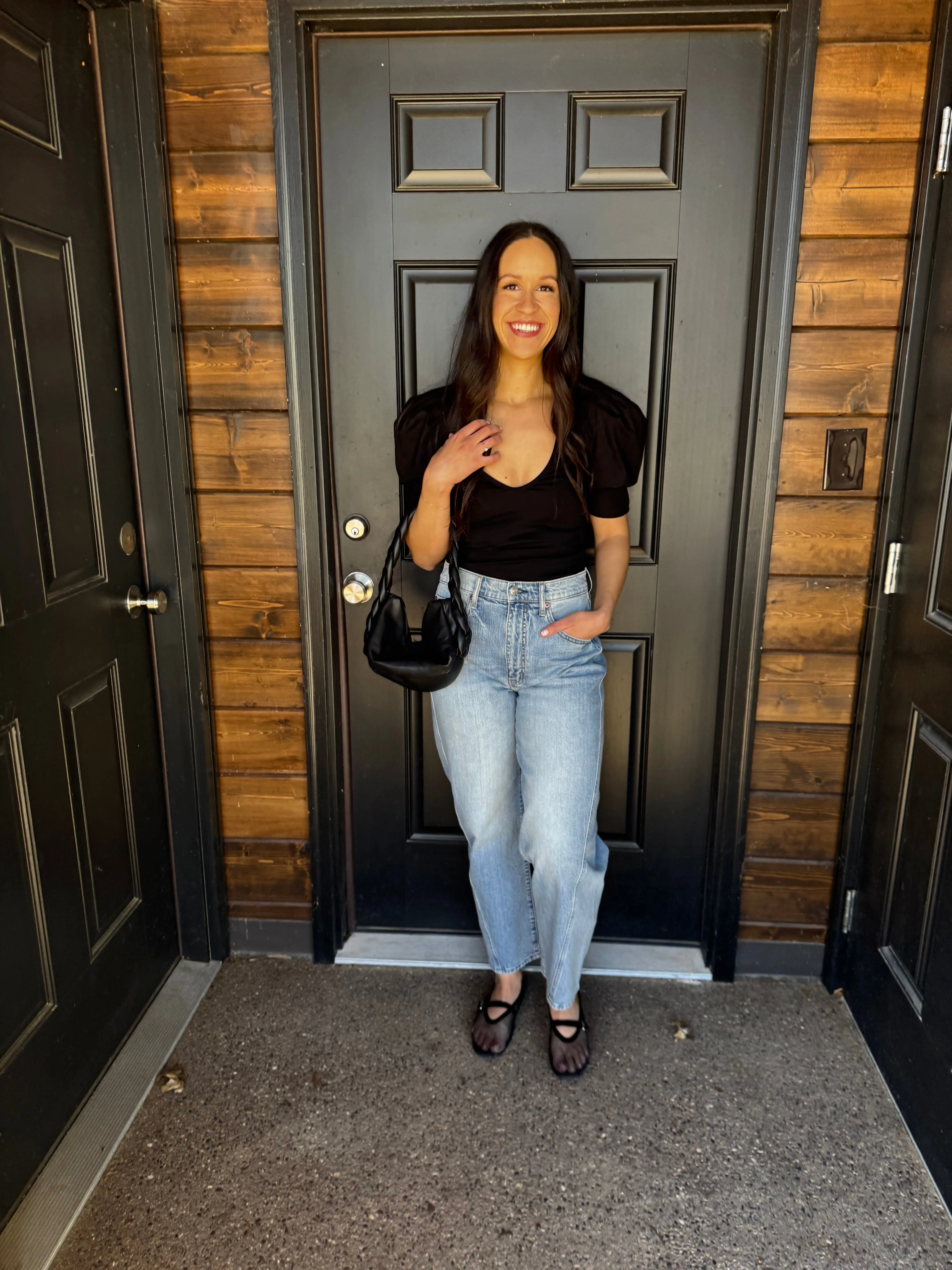 Black Puff Sleeve Plunge Bodysuit