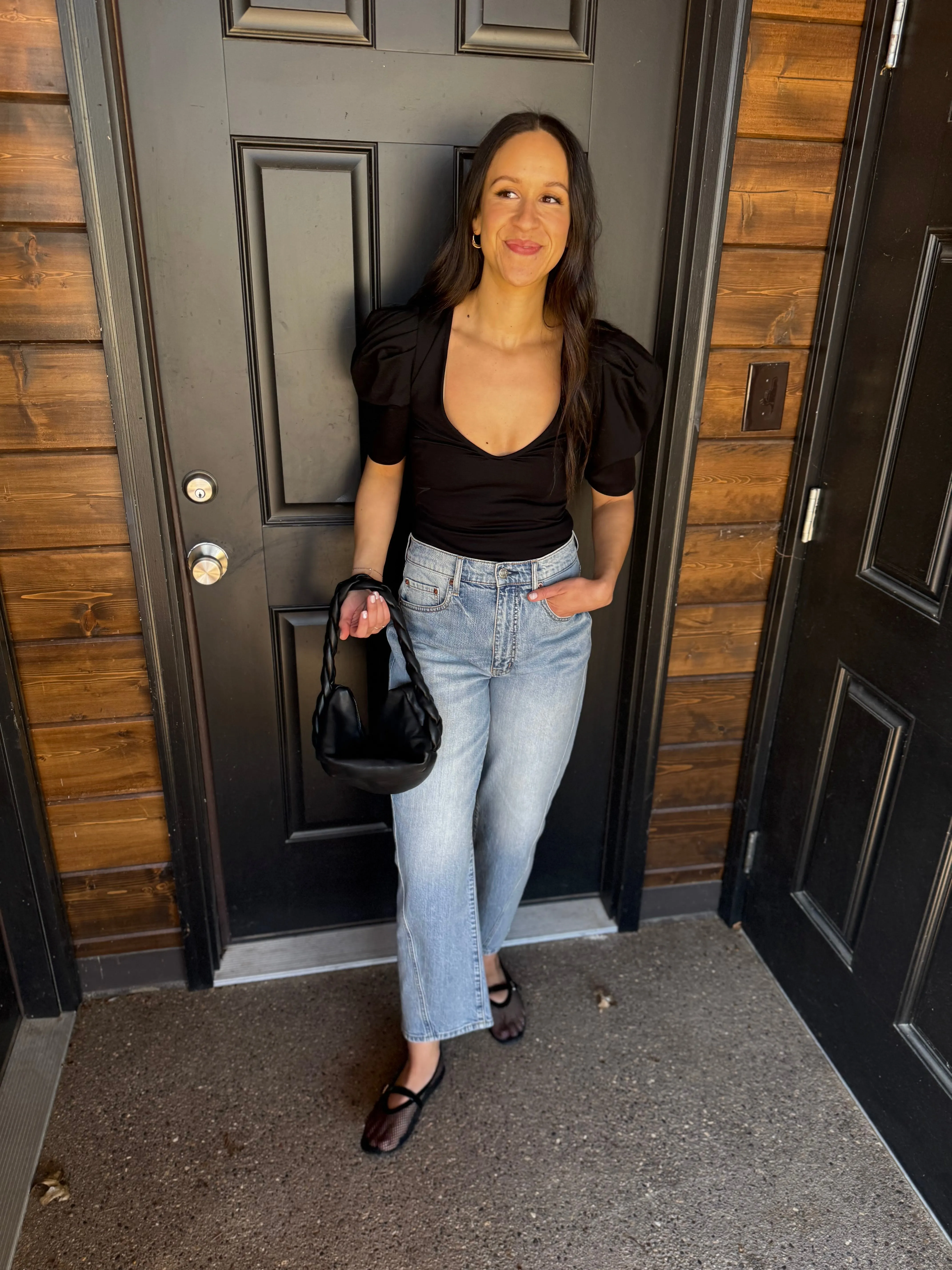 Black Puff Sleeve Plunge Bodysuit