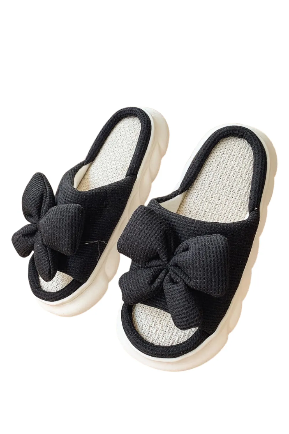 Bow Waffle-Knit Platform Slippers