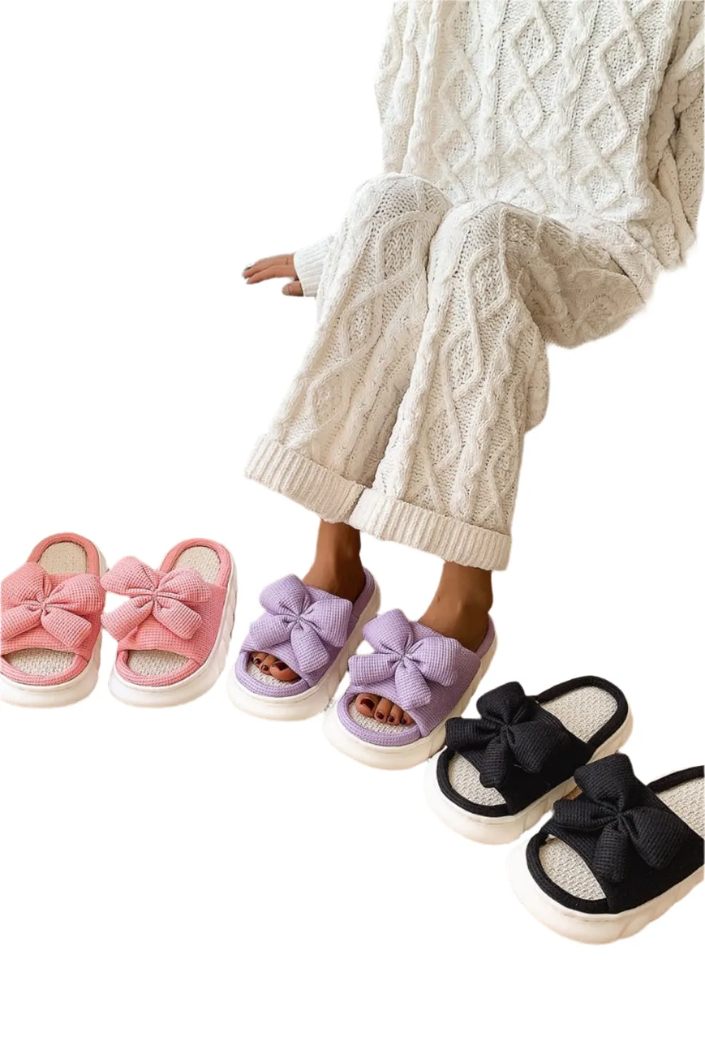 Bow Waffle-Knit Platform Slippers