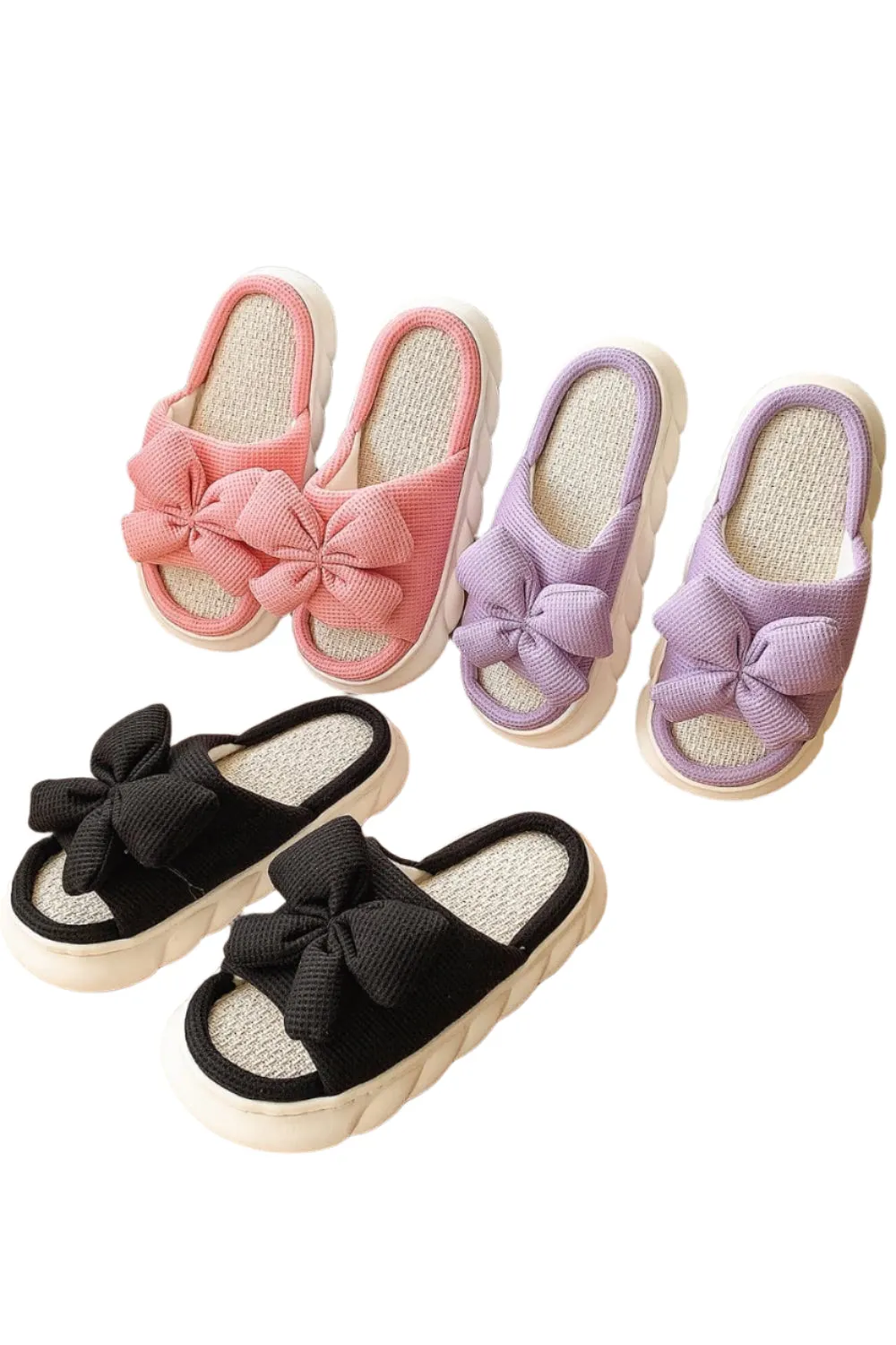 Bow Waffle-Knit Platform Slippers
