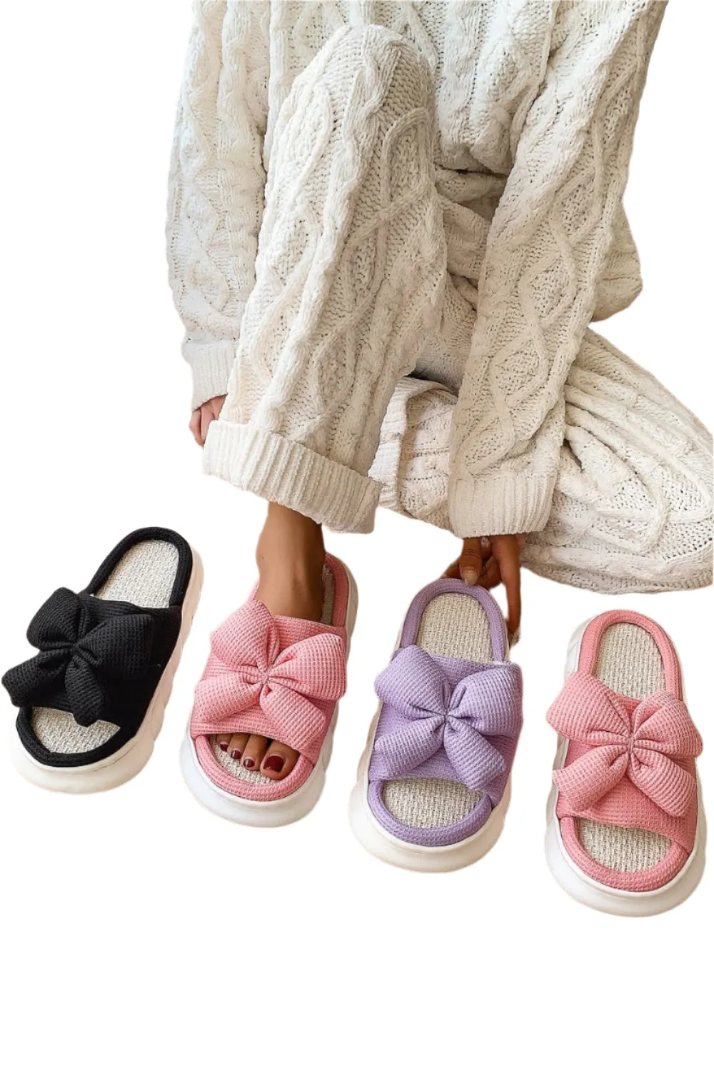 Bow Waffle-Knit Platform Slippers