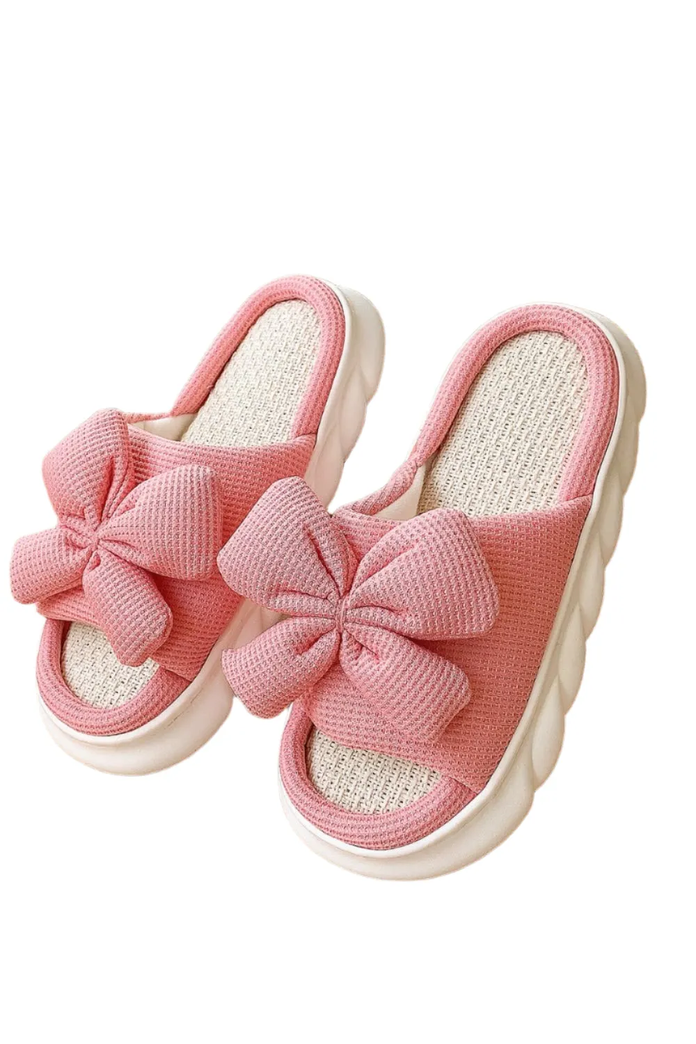 Bow Waffle-Knit Platform Slippers