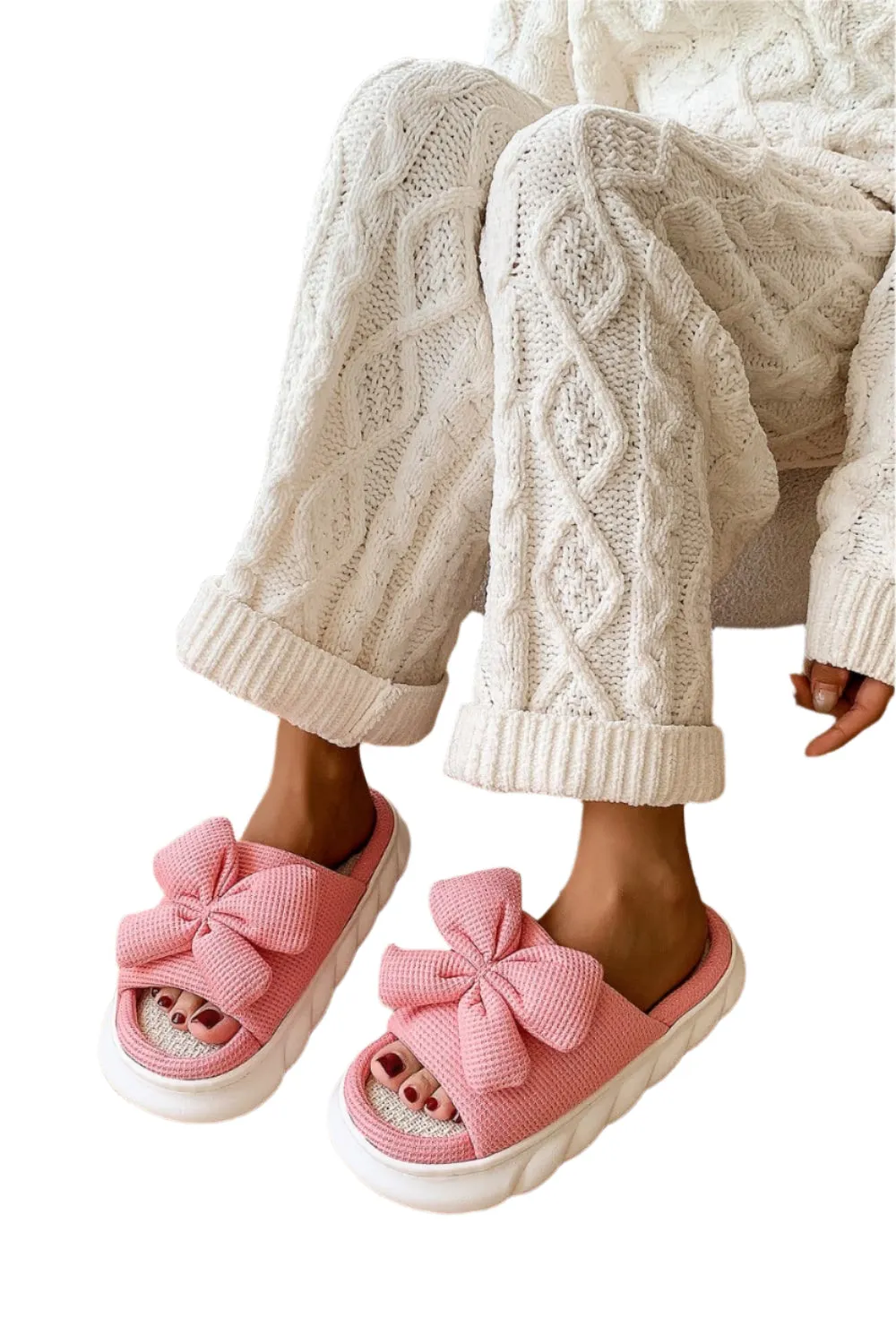 Bow Waffle-Knit Platform Slippers