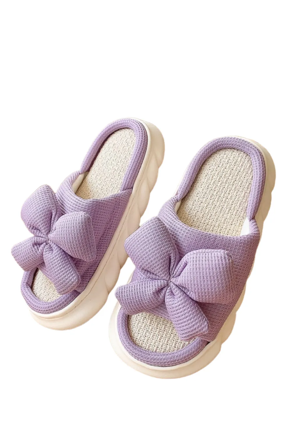 Bow Waffle-Knit Platform Slippers