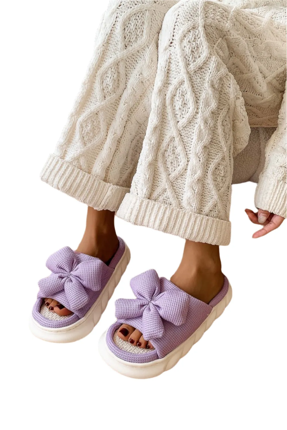 Bow Waffle-Knit Platform Slippers