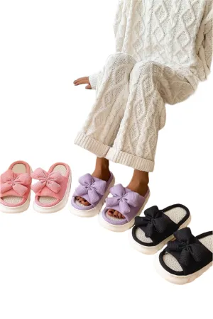 Bow Waffle-Knit Platform Slippers