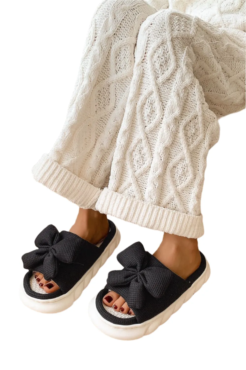 Bow Waffle-Knit Platform Slippers
