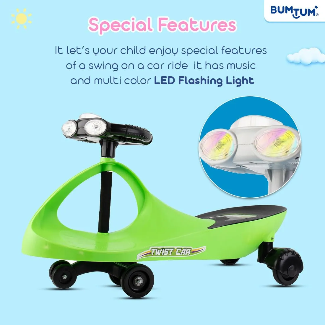BUMTUM Baby Car, Kids Car, Swing Car for Kids, Car for Kids, Ride On for Kids, Magic Car for Kids, Push Rider Toy Car, Comfortable Seat with Backrest, 360° Rotating Steering with Music &Lights (Green)