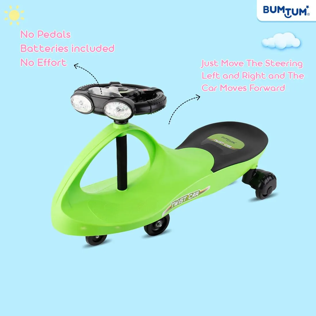 BUMTUM Baby Car, Kids Car, Swing Car for Kids, Car for Kids, Ride On for Kids, Magic Car for Kids, Push Rider Toy Car, Comfortable Seat with Backrest, 360° Rotating Steering with Music &Lights (Green)
