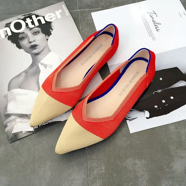 Color Casual Women Soft Shoes Breathable Knit Pointed Shoes Women's Flat Shoes Ballet Single Shoes Comfortable Pregnant Shoes