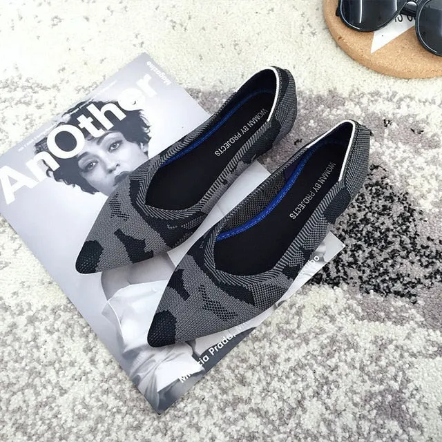 Color Casual Women Soft Shoes Breathable Knit Pointed Shoes Women's Flat Shoes Ballet Single Shoes Comfortable Pregnant Shoes