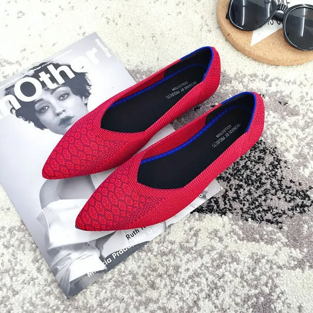 Color Casual Women Soft Shoes Breathable Knit Pointed Shoes Women's Flat Shoes Ballet Single Shoes Comfortable Pregnant Shoes