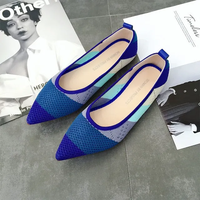Color Casual Women Soft Shoes Breathable Knit Pointed Shoes Women's Flat Shoes Ballet Single Shoes Comfortable Pregnant Shoes