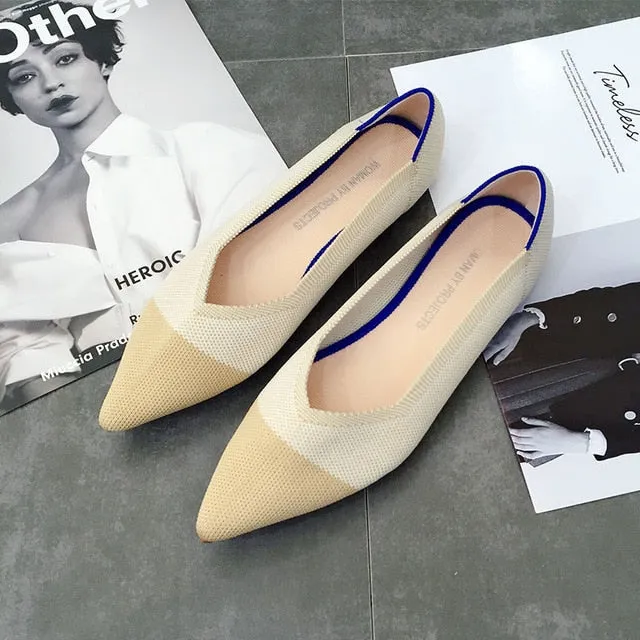 Color Casual Women Soft Shoes Breathable Knit Pointed Shoes Women's Flat Shoes Ballet Single Shoes Comfortable Pregnant Shoes