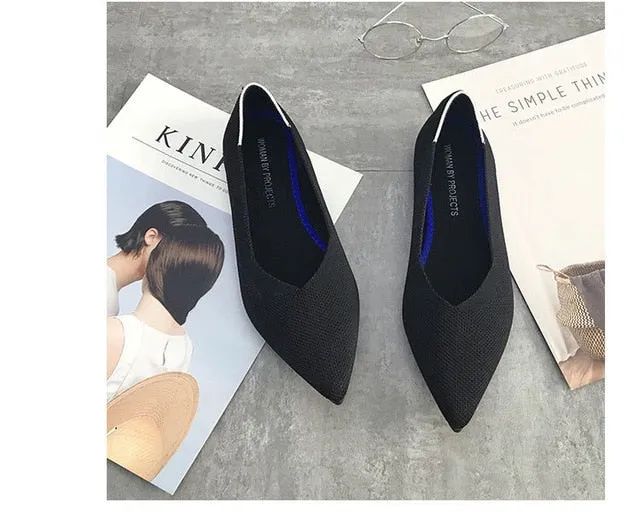 Color Casual Women Soft Shoes Breathable Knit Pointed Shoes Women's Flat Shoes Ballet Single Shoes Comfortable Pregnant Shoes