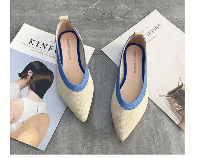 Color Casual Women Soft Shoes Breathable Knit Pointed Shoes Women's Flat Shoes Ballet Single Shoes Comfortable Pregnant Shoes