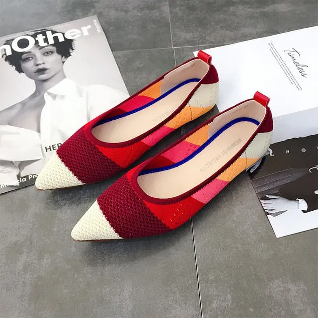 Color Casual Women Soft Shoes Breathable Knit Pointed Shoes Women's Flat Shoes Ballet Single Shoes Comfortable Pregnant Shoes