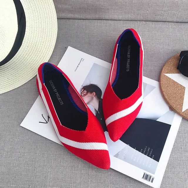 Color Casual Women Soft Shoes Breathable Knit Pointed Shoes Women's Flat Shoes Ballet Single Shoes Comfortable Pregnant Shoes