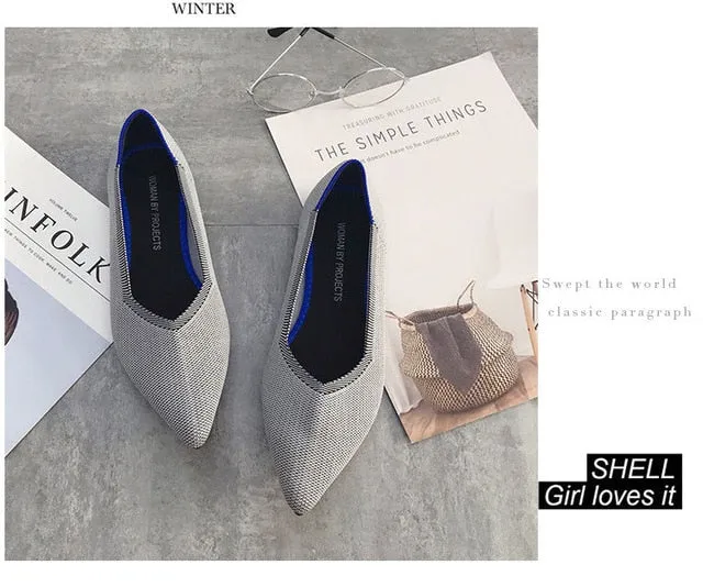 Color Casual Women Soft Shoes Breathable Knit Pointed Shoes Women's Flat Shoes Ballet Single Shoes Comfortable Pregnant Shoes