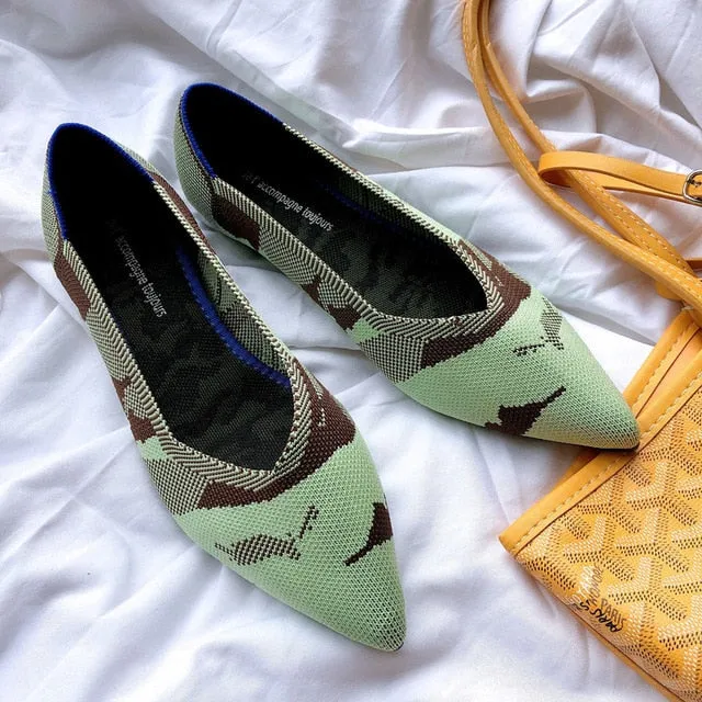 Color Casual Women Soft Shoes Breathable Knit Pointed Shoes Women's Flat Shoes Ballet Single Shoes Comfortable Pregnant Shoes