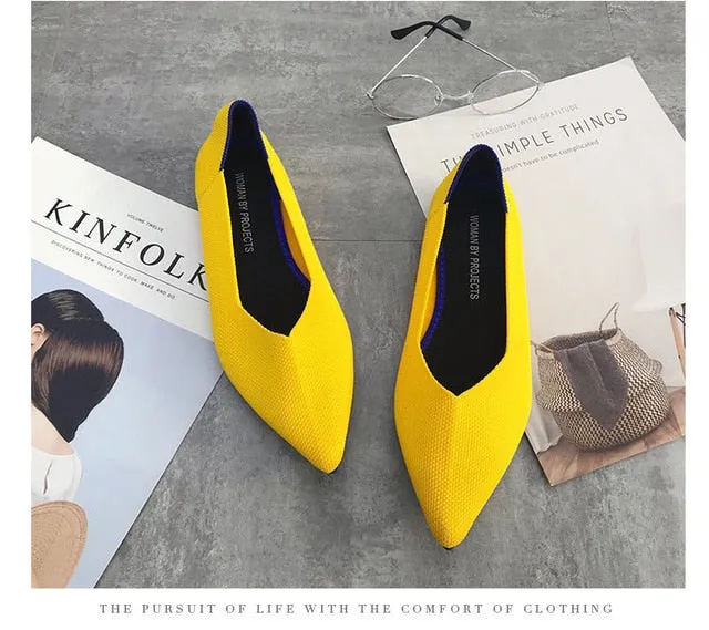 Color Casual Women Soft Shoes Breathable Knit Pointed Shoes Women's Flat Shoes Ballet Single Shoes Comfortable Pregnant Shoes