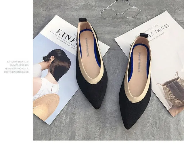 Color Casual Women Soft Shoes Breathable Knit Pointed Shoes Women's Flat Shoes Ballet Single Shoes Comfortable Pregnant Shoes