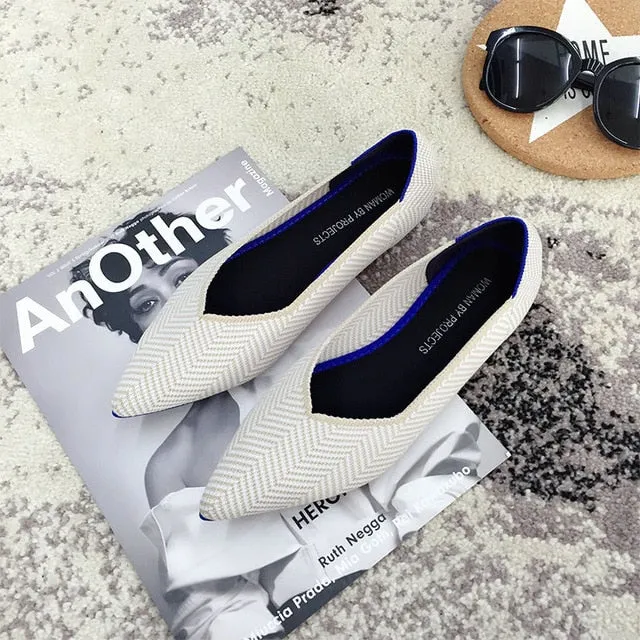 Color Casual Women Soft Shoes Breathable Knit Pointed Shoes Women's Flat Shoes Ballet Single Shoes Comfortable Pregnant Shoes