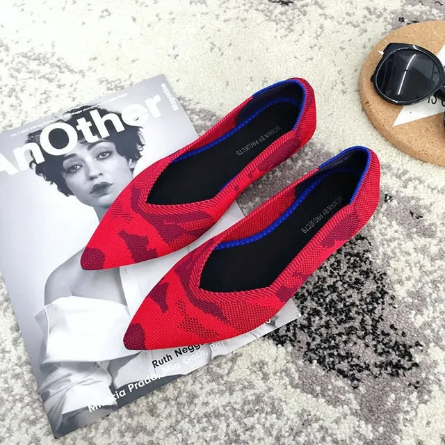 Color Casual Women Soft Shoes Breathable Knit Pointed Shoes Women's Flat Shoes Ballet Single Shoes Comfortable Pregnant Shoes