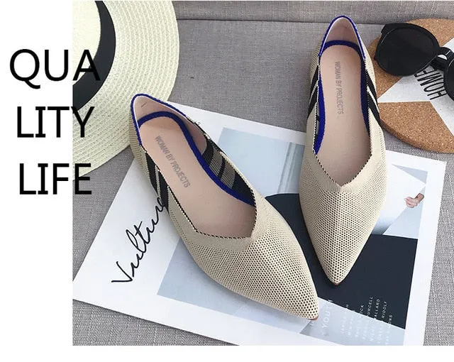 Color Casual Women Soft Shoes Breathable Knit Pointed Shoes Women's Flat Shoes Ballet Single Shoes Comfortable Pregnant Shoes