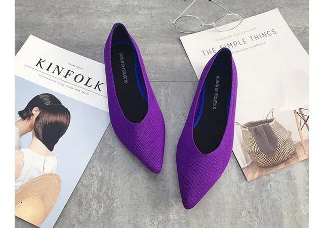 Color Casual Women Soft Shoes Breathable Knit Pointed Shoes Women's Flat Shoes Ballet Single Shoes Comfortable Pregnant Shoes