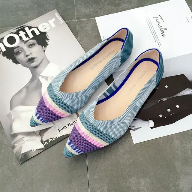 Color Casual Women Soft Shoes Breathable Knit Pointed Shoes Women's Flat Shoes Ballet Single Shoes Comfortable Pregnant Shoes